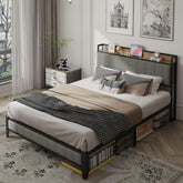 Queen-Size,Full metal bed frame with charging port at the head of the bed.