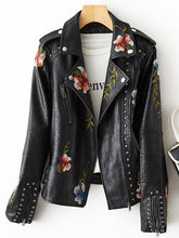 FTLZZ-Chaqueta de piel sintética con estampado Floral para mujer, abrigo de cuero suave, cuello vuelto, estilo Retro, negro, Punk