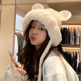 Cute Ears Plush Knitted Lei Feng Cap Women's Autumn And Winter Warm Hat
