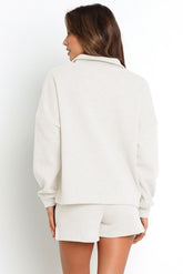 Collared Neck Zip-Up Top and Slit Shorts Set
