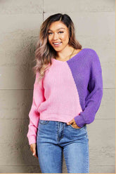 Double Take Two-Tone V-Neck Twisted Sweater