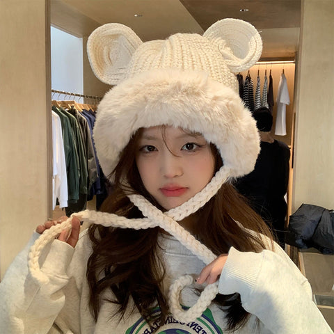 Cute Ears Plush Knitted Lei Feng Cap Women's Autumn And Winter Warm Hat