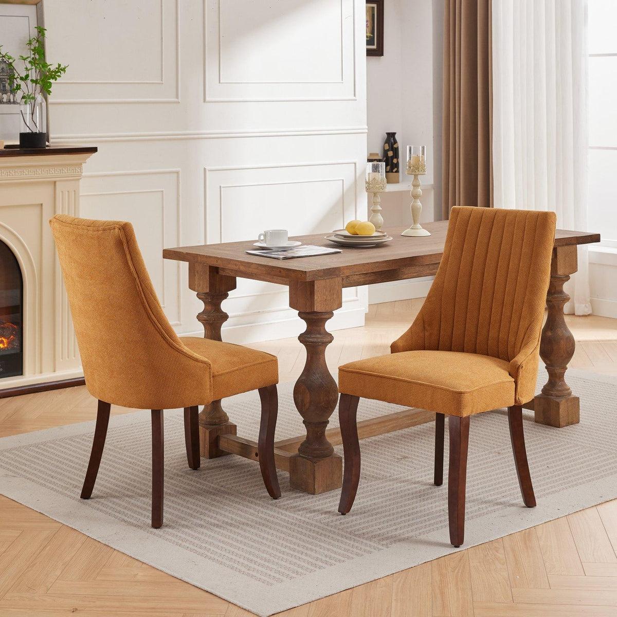 Rayon Cloth Flocking Linen Dining Chairs  Comfy Fabric Upholstered Accent Chair for Dining Room with Curved Solid Wood Legs,Set of 2