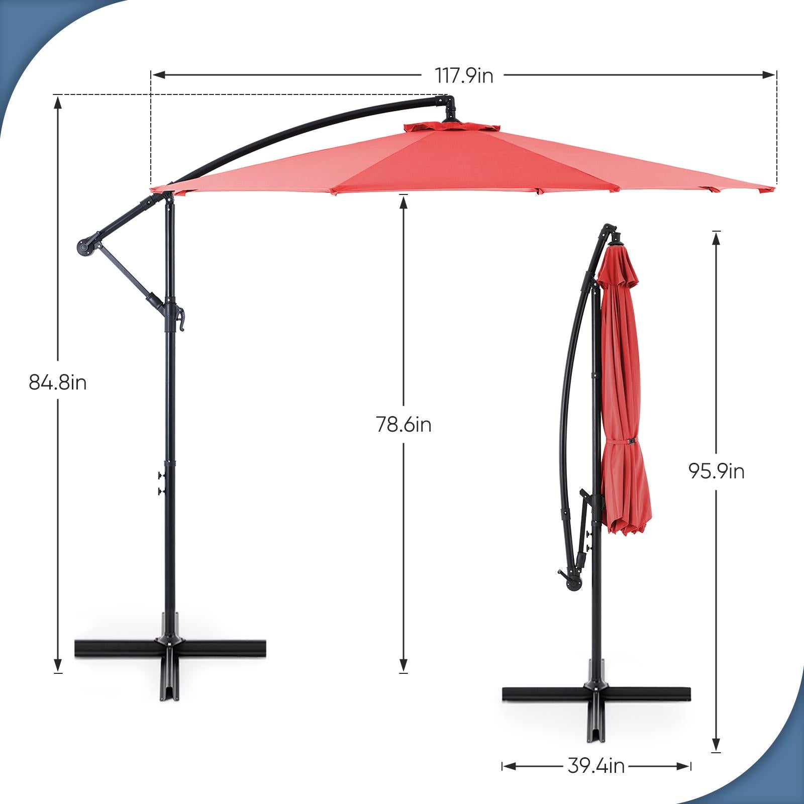 9.8FT Offset Patio Umbrella Hanging Cantilever Umbrella Outdoor Sun Shade with Easy Tilt Adjustment, 8 Ribs, UV Protection for Backyard, Lawn