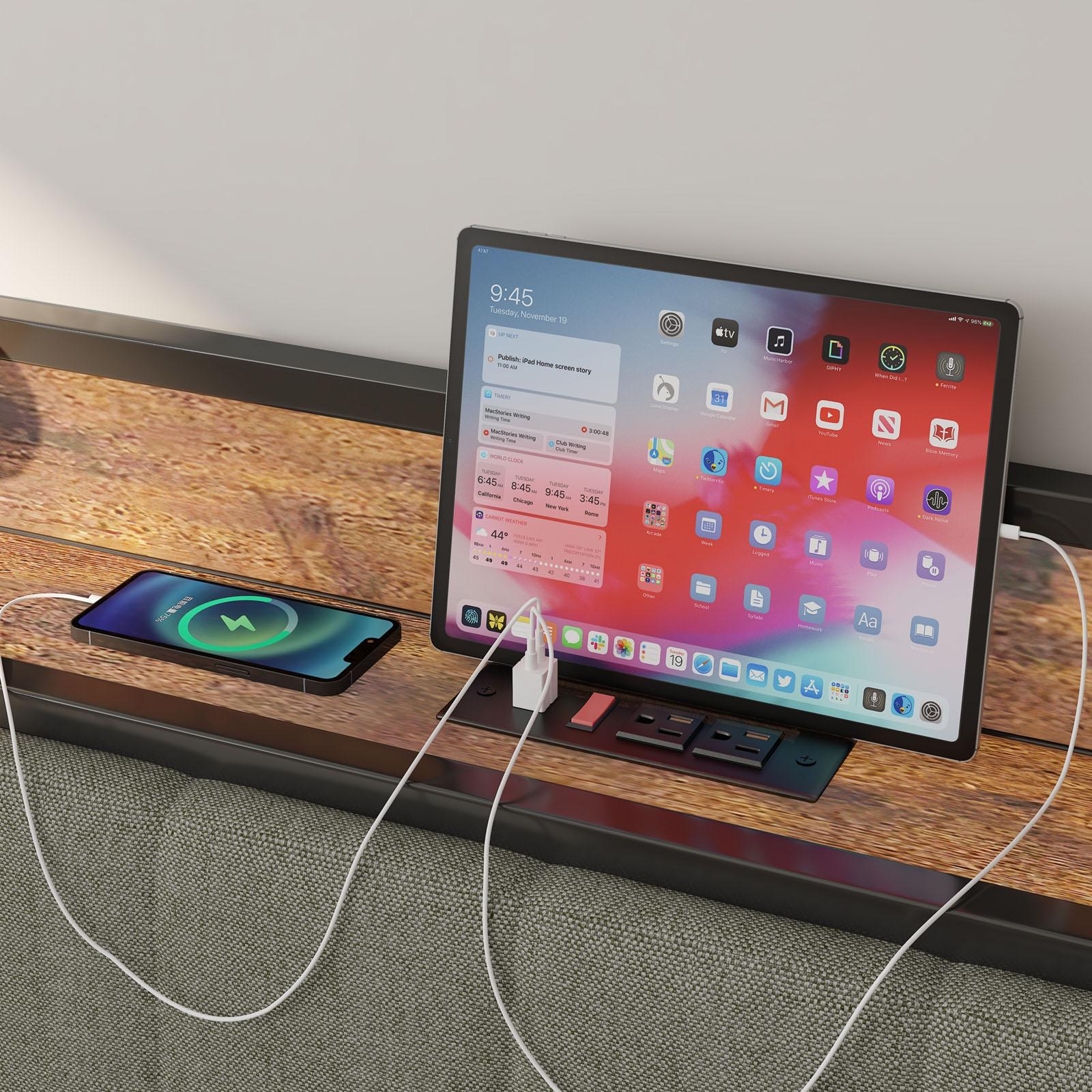 Queen-Size，Full metal bed frame with charging port at the head of the bed.