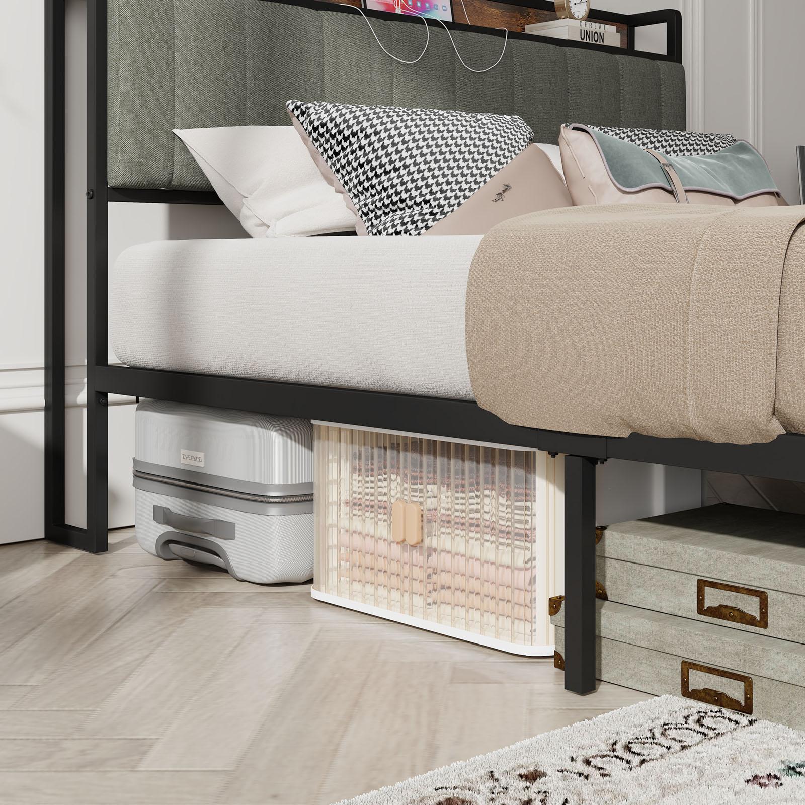 Queen-Size，Full metal bed frame with charging port at the head of the bed.