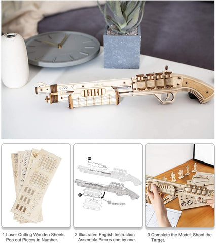ROBOTIME Wooden Model Kits for Adults Rubber Band Gun 3D Puzzle - TERMINATOR M870 Mechanical Building Construction Wooden Jigsaw Sets