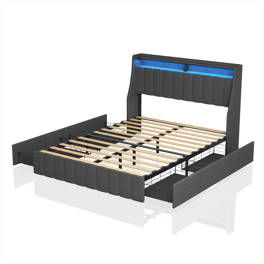 Full-size LED bed frame with winged headboard design for extra storage space