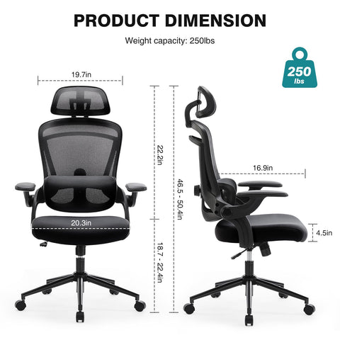 High Back Desk Chair with Adjustable Lumbar Support & Headrest,Comfortable Mesh Computer Chair with Soft Flip Up Arms, Adjustable Height and 120°Tilt