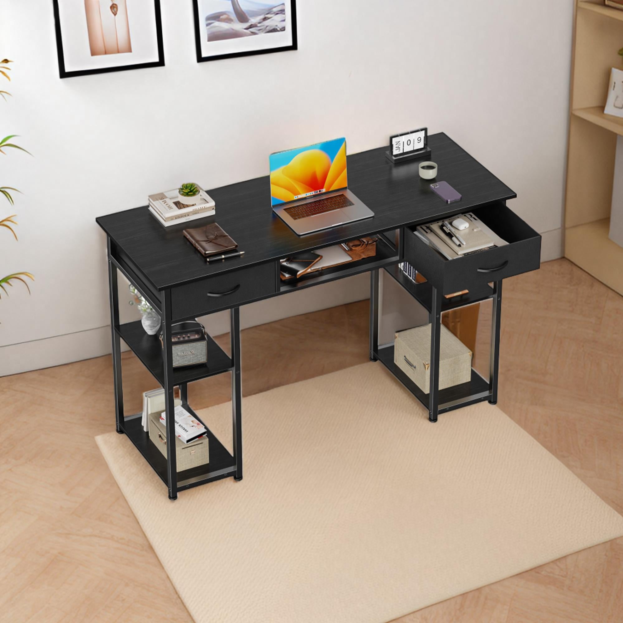 Computer Desk Small Home Office Bedroom Writing Study PC Table with Storage Space Fabric Side Bag Headphone Hook Metal Frame Adjustable