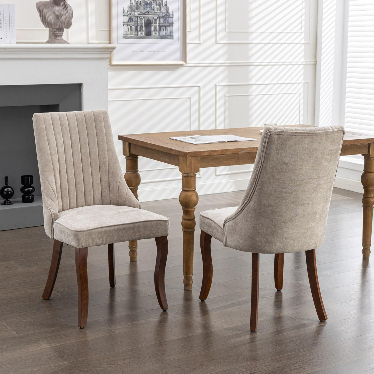 Rayon Cloth Flocking Linen Dining Chairs  Comfy Fabric Upholstered Accent Chair for Dining Room with Curved Solid Wood Legs,Set of 2