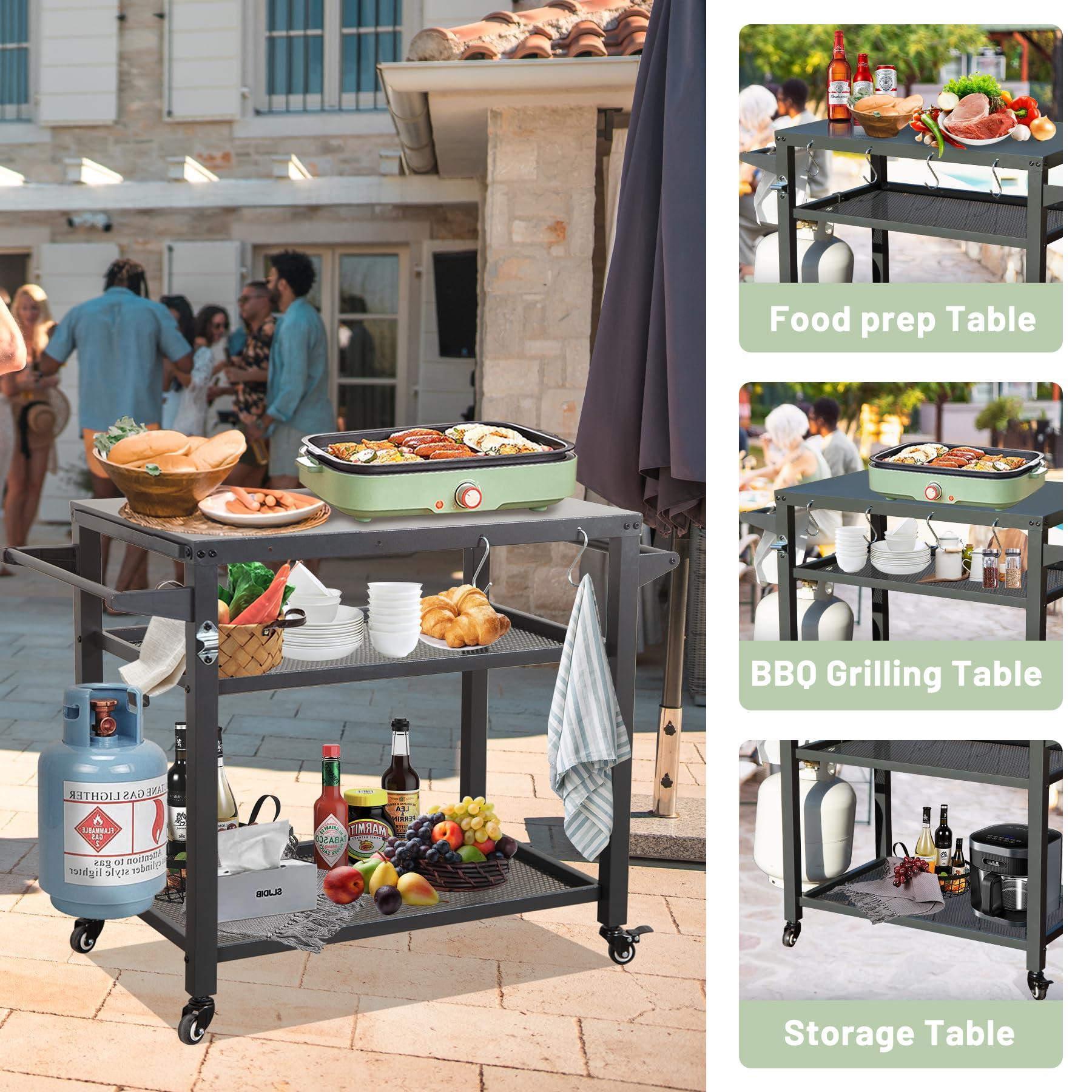3-Shelf Outdoor Grill Table, Grill Cart with Wheels,Blackstone Table with Propane Tank Hook, Grill Stand for Blackstone Griddle for Outside BBQ