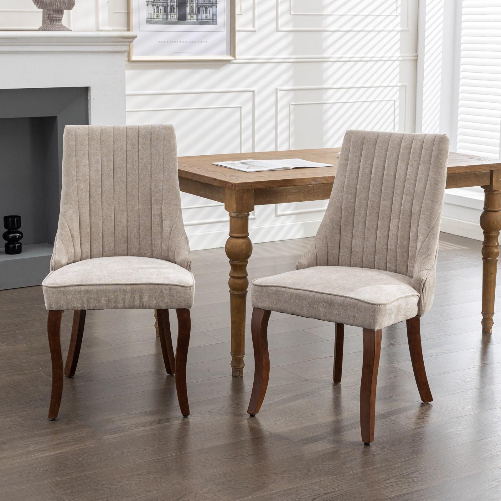 Rayon Cloth Flocking Linen Dining Chairs  Comfy Fabric Upholstered Accent Chair for Dining Room with Curved Solid Wood Legs,Set of 2