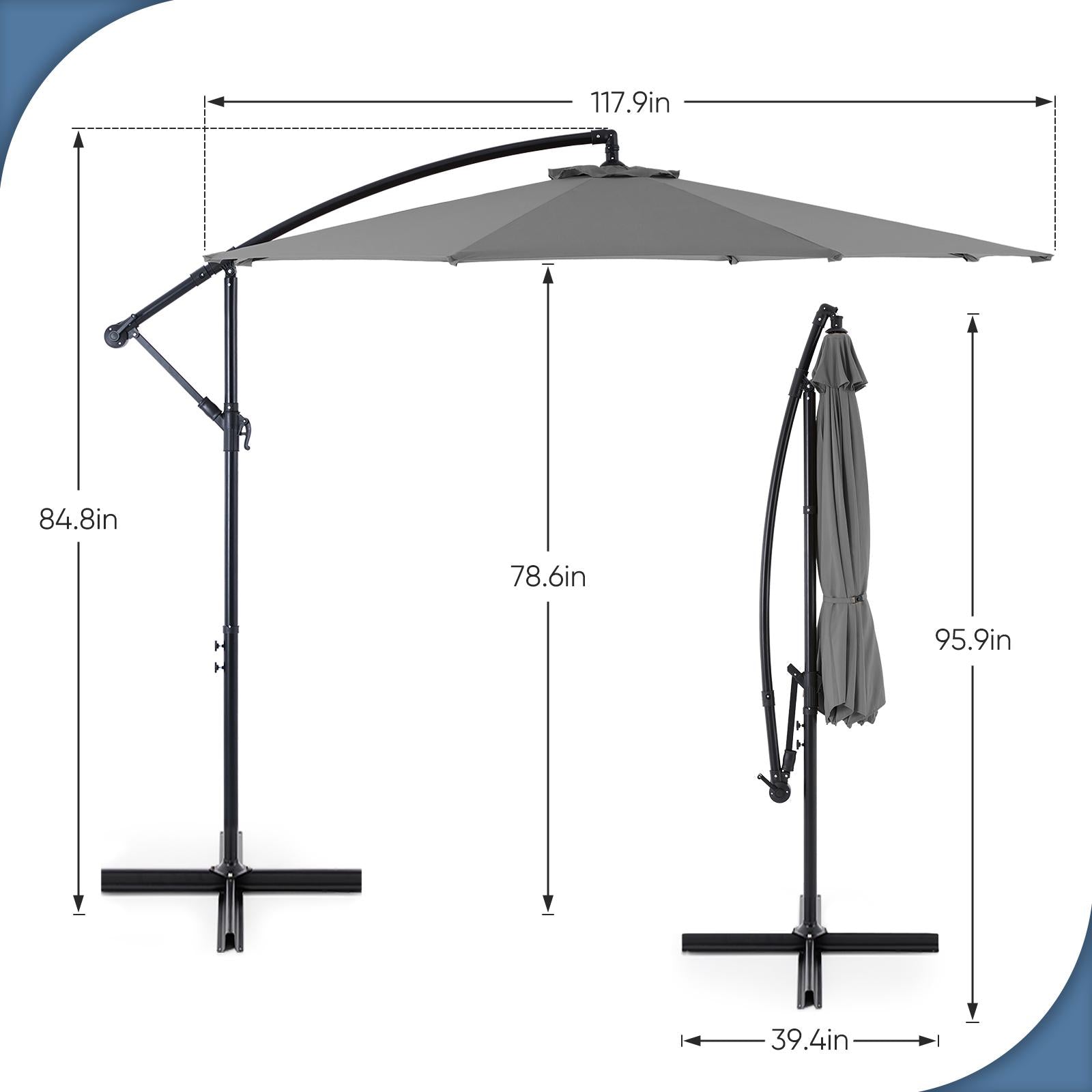 9.8FT Offset Patio Umbrella Hanging Cantilever Umbrella Outdoor Sun Shade with Easy Tilt Adjustment, 8 Ribs, UV Protection for Backyard, Lawn