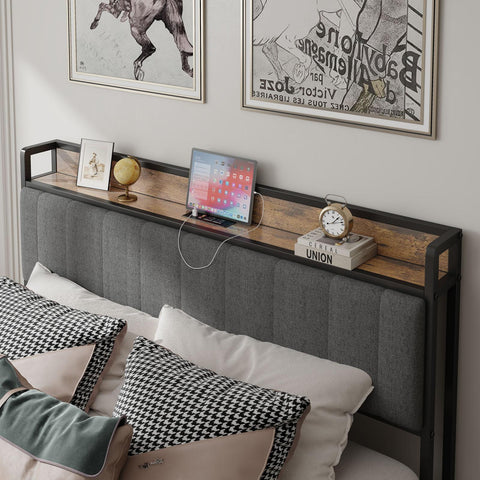 Full-Size，Full metal bed frame with charging headboard.