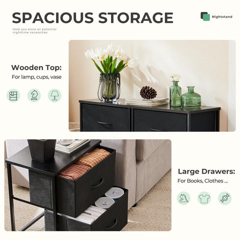 Fabric Dresser with 2 Drawers, Nightstands with Adjustable Feet, End Table for Bedroo, Set of 2