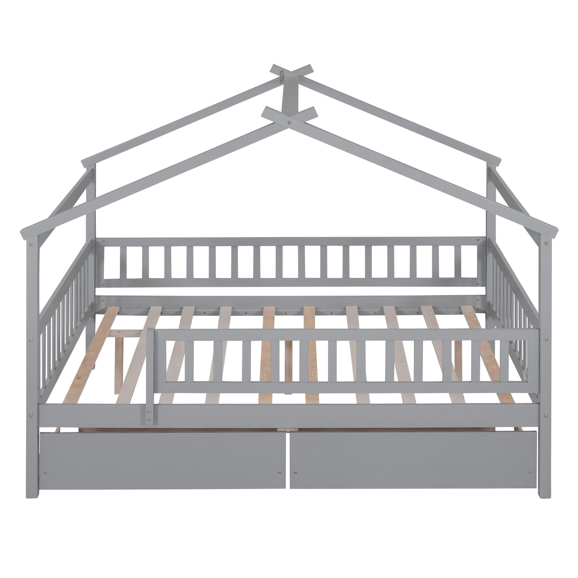 Full Size Wooden House Bed with Two Drawers