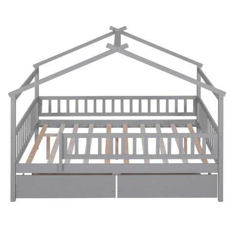 Full Size Wooden House Bed with Two Drawers