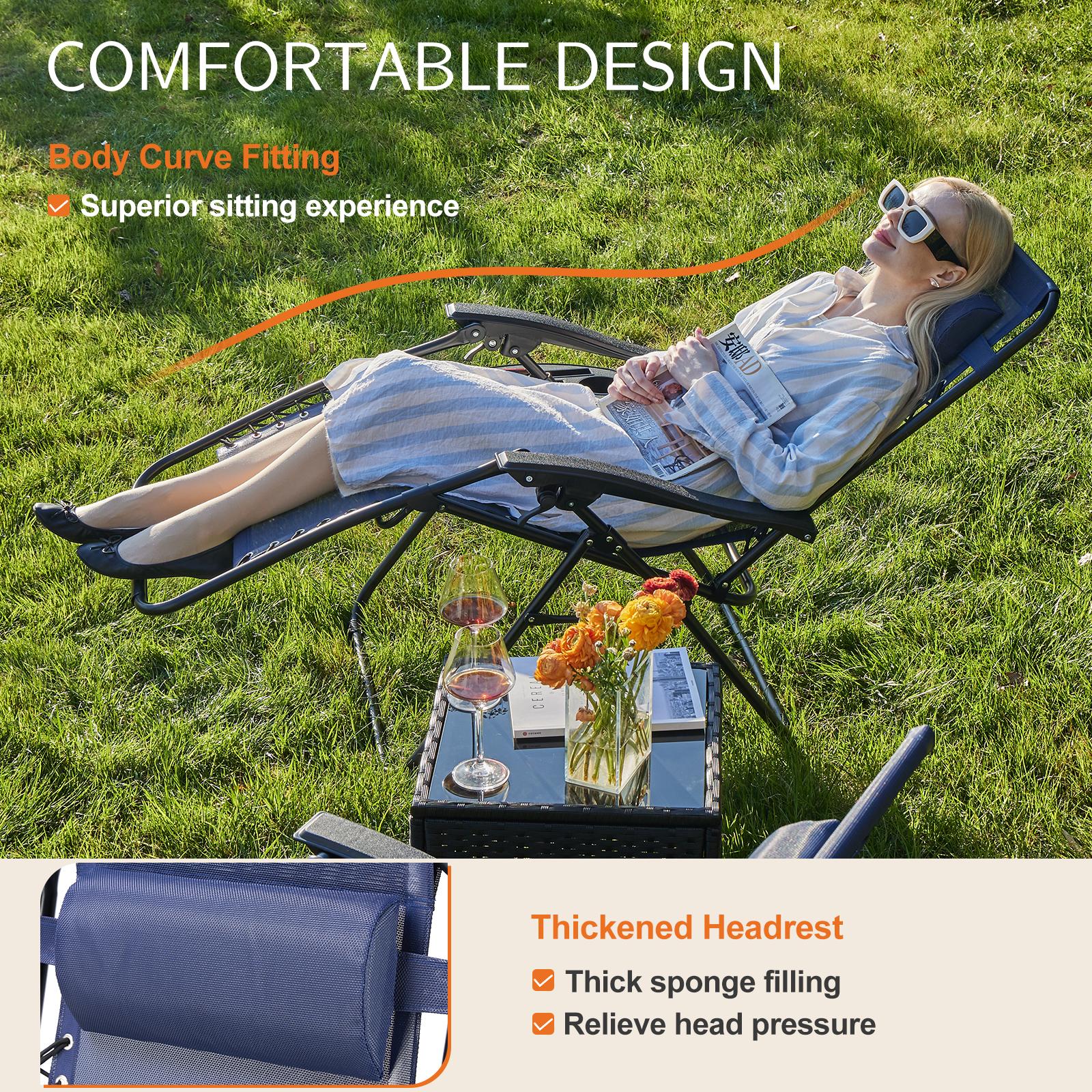 Set of 2 Zero Cravity Lounge Chairs,Outdoor Patio Folding Recliners for Pool Beach with Pillow and Cup Holder, Black