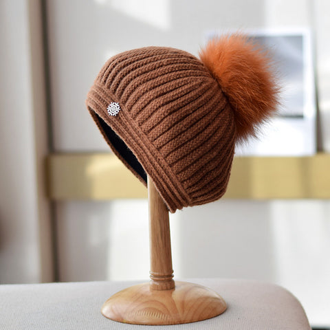 Fox Fur Ball Knitted Beret Women's Autumn And Winter All-matching British Vintage Wool Painter Cap