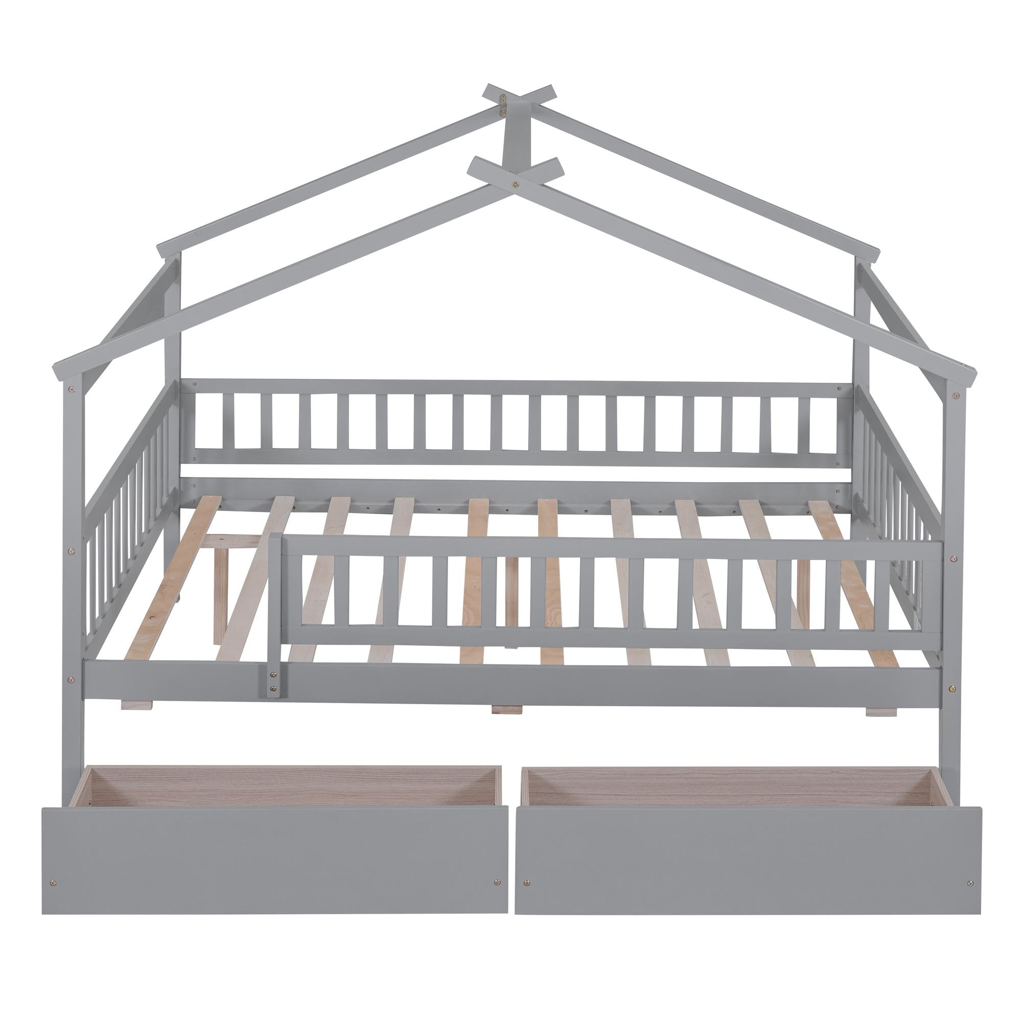 Full Size Wooden House Bed with Two Drawers