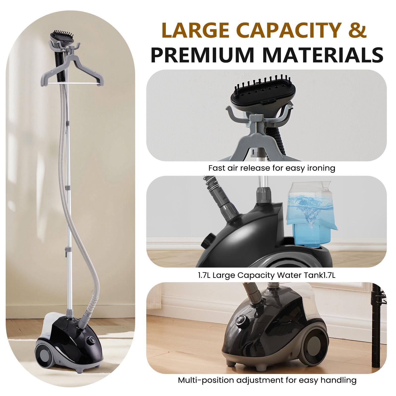 Standing Garment Steamer, 1500W Powerful Steamer for Clothes with Roll Wheels, 1.7L Water Tank for 55 Min Continuous Steaming