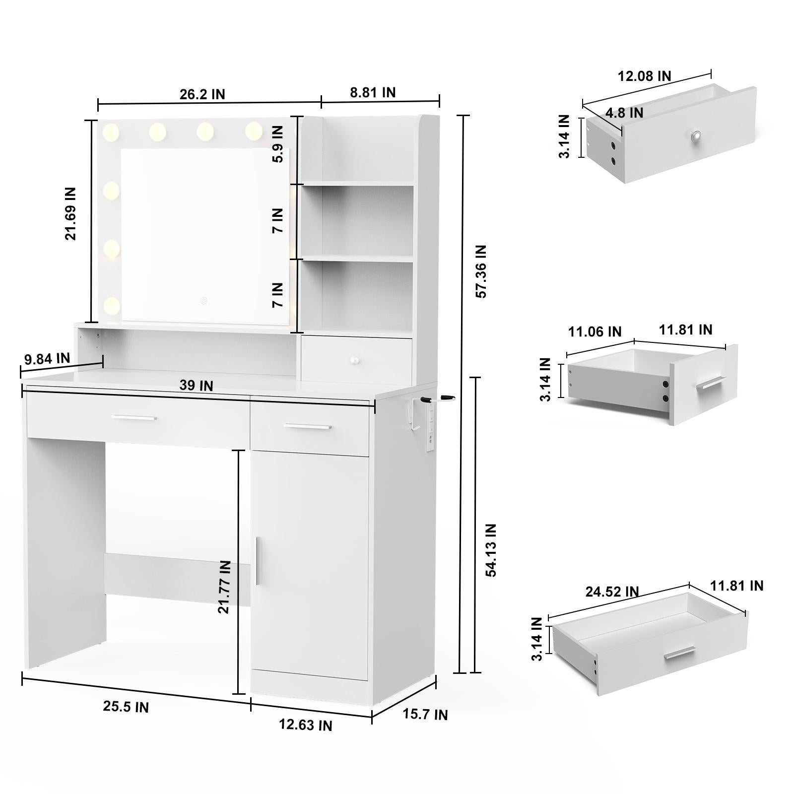 Dressing table and mirror, dressing table and bedroom dressing table with 3-color light options for adjustable brightness, white