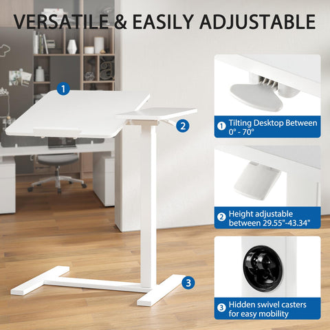 Adjustable Overbed Table with Wheels, Mobile Rolling Laptop Desk, Tilting Bedside Table for Laptop, Bed, Sofa, and Office Use, Black