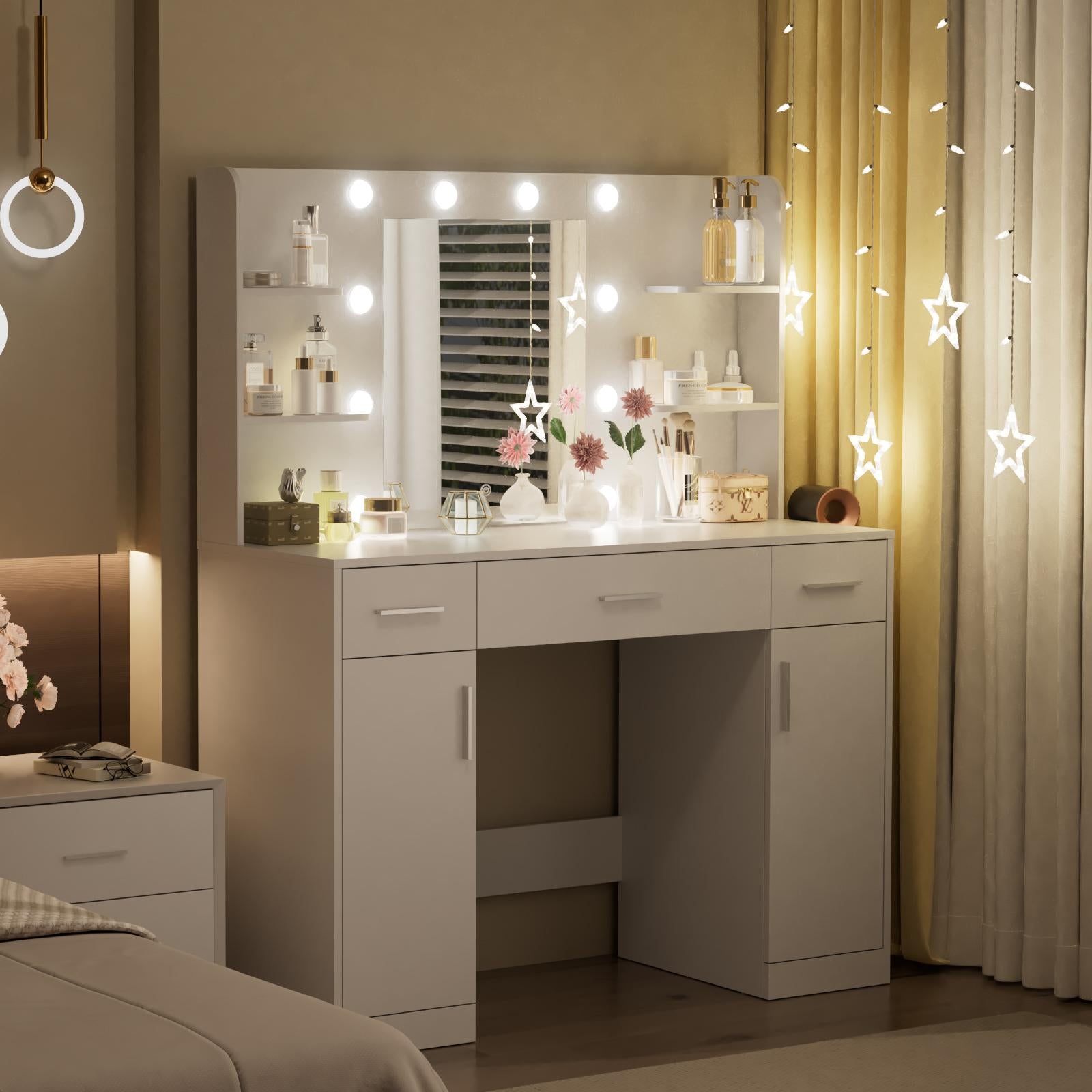 Dressing table and mirror, dressing table and bedroom dressing table with 3-color light options for adjustable brightness, white