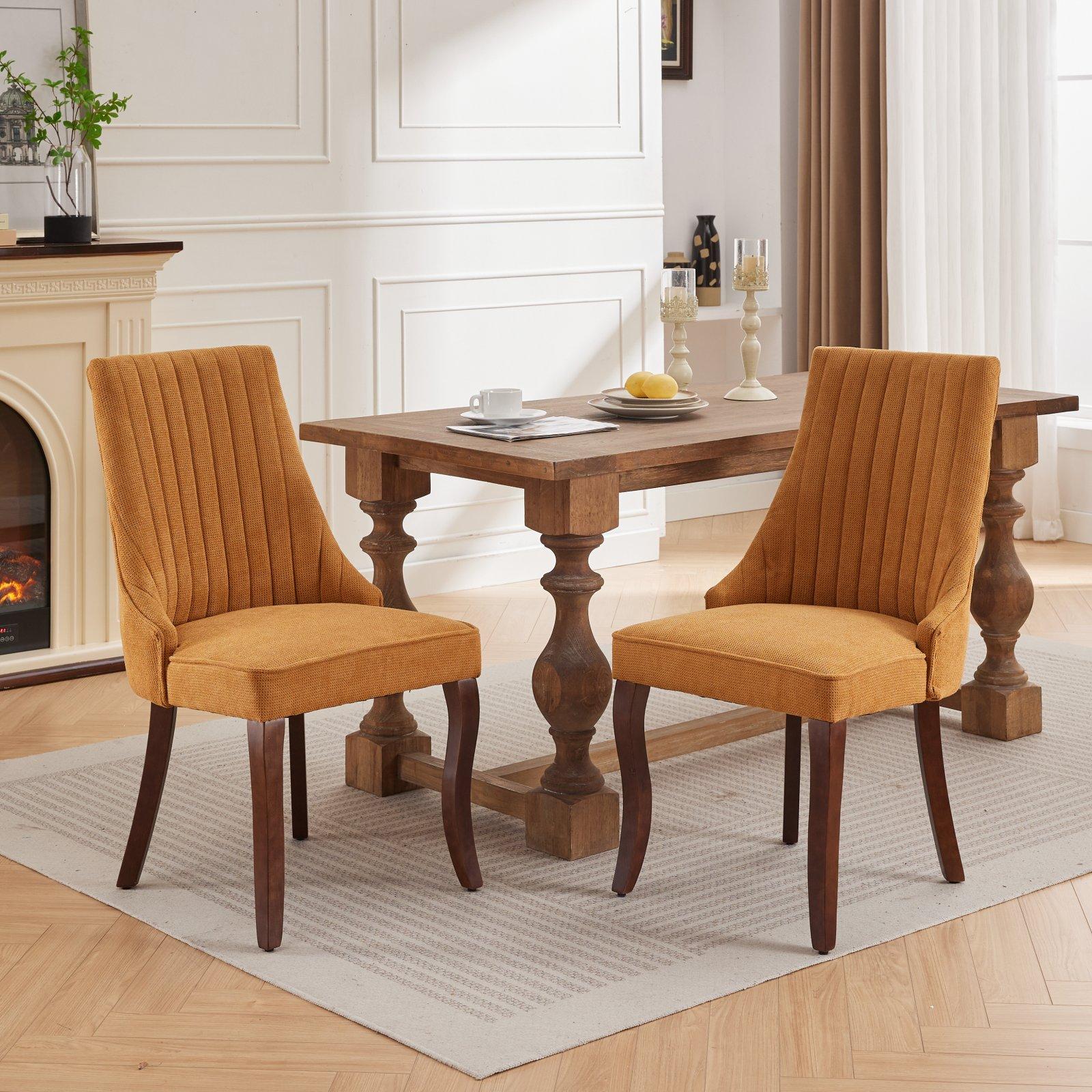 Rayon Cloth Flocking Linen Dining Chairs  Comfy Fabric Upholstered Accent Chair for Dining Room with Curved Solid Wood Legs,Set of 2