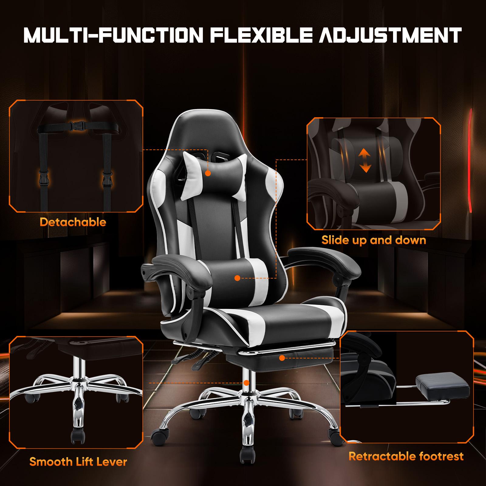 Video Game Desk Chair - Ergonomic Computer with Footrest and Comfy Lumbar Support, PU Leather Recliner with Headrest, Fixed Up Armrest,