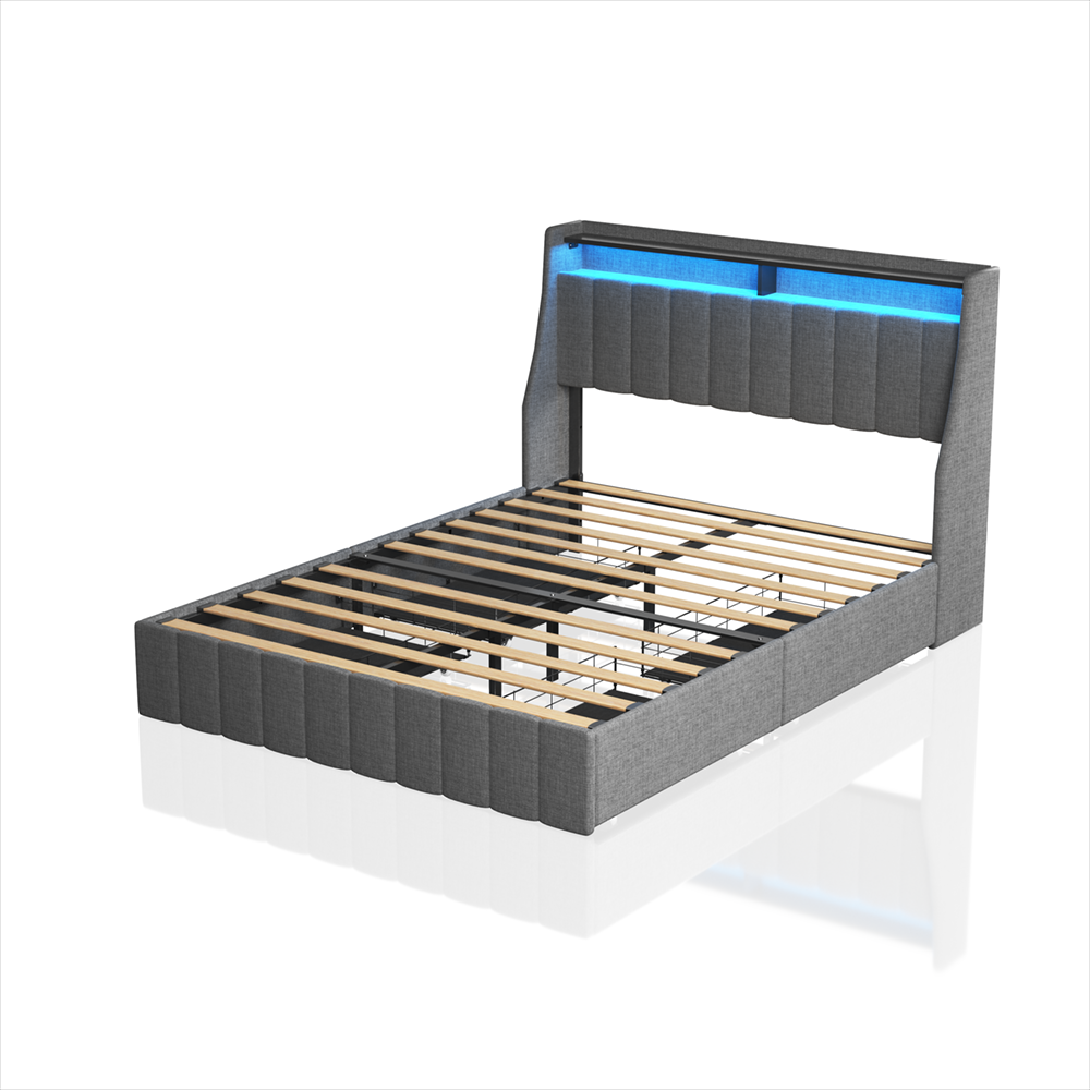 Full-size LED bed frame with winged headboard design for extra storage space