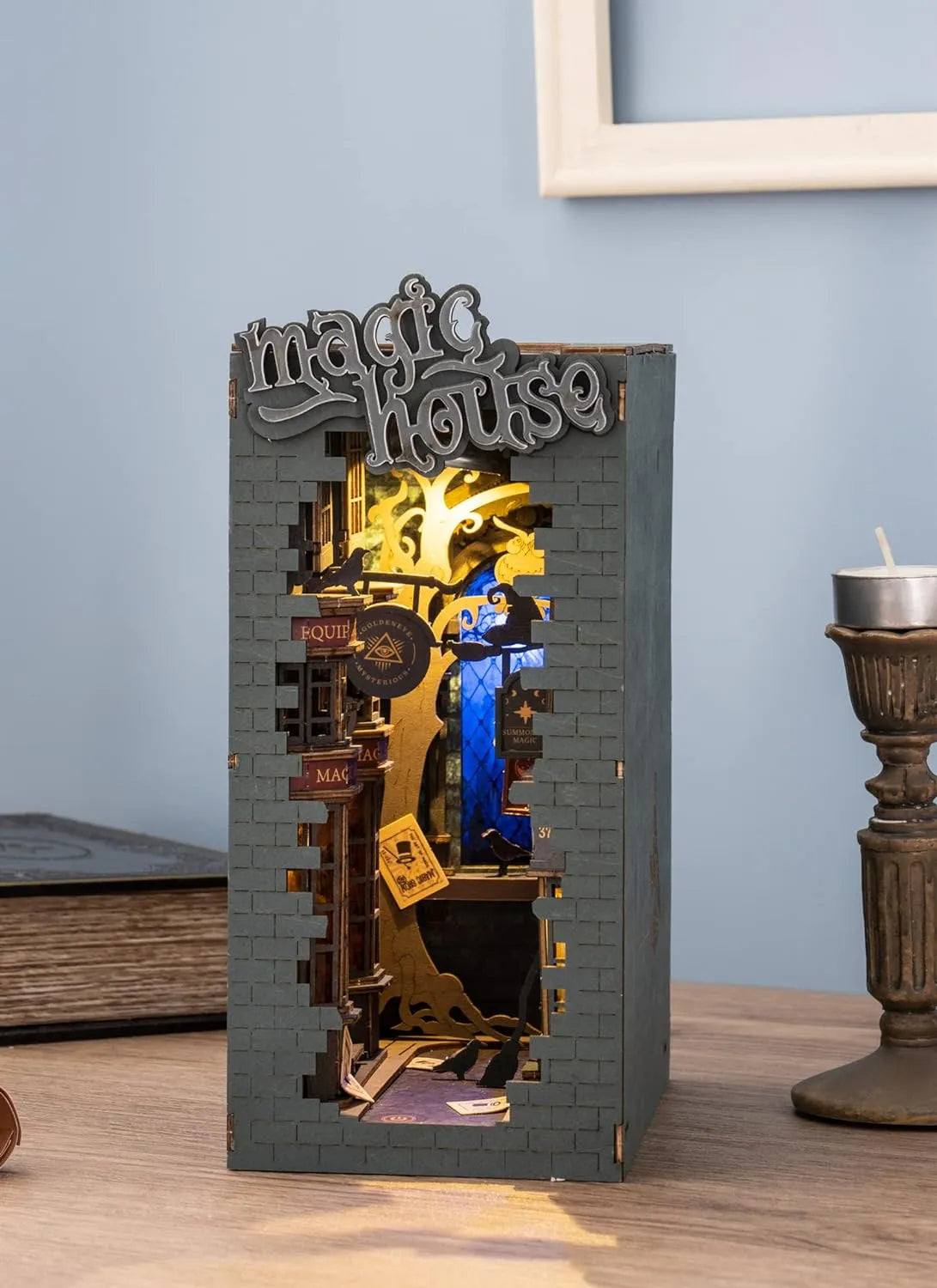 ROBOTIME DIY Book Nook Kit Decorative Booknook Bookshelf Insert Bookcase Book Stand 3D Wooden Puzzle DIY Miniature House Kit with LED Light Model Kit