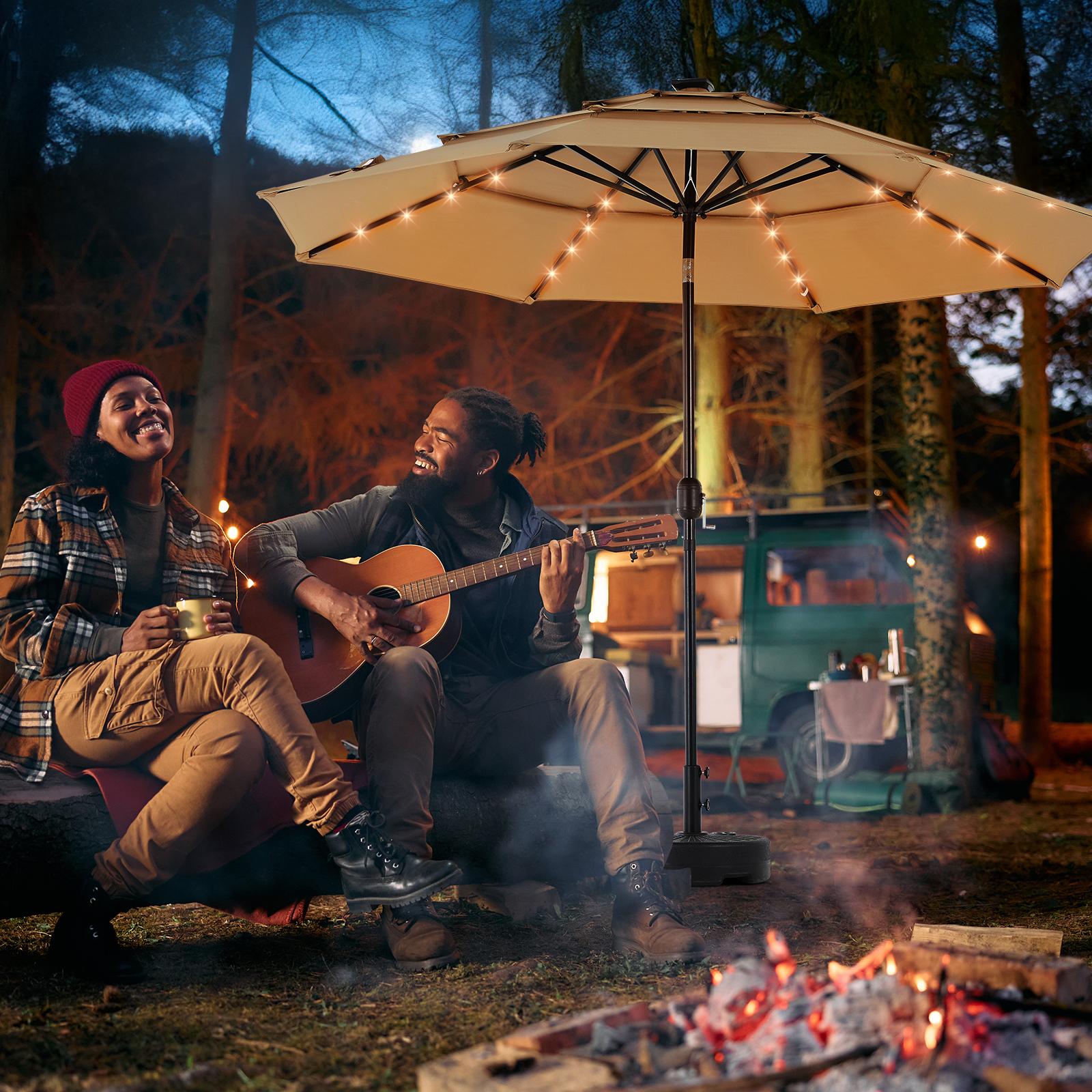 10FT 3-Tier Solar Patio Umbrella with 32 LED Lights, Outdoor Umbrellas with Push Button Tilt and Crank