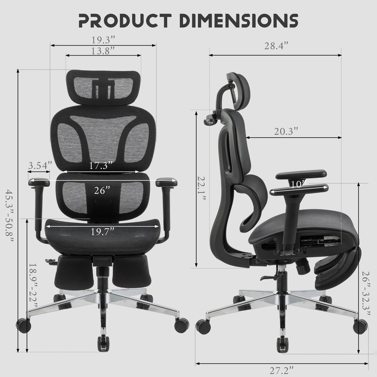Full mesh office chair, ergonomic office chair, office mesh chair, adjustable headrest, armrests, foot pedals, with hanger