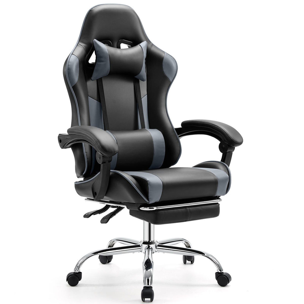 Video Game Desk Chair - Ergonomic Computer with Footrest and Comfy Lumbar Support, PU Leather Recliner with Headrest, Fixed Up Armrest,