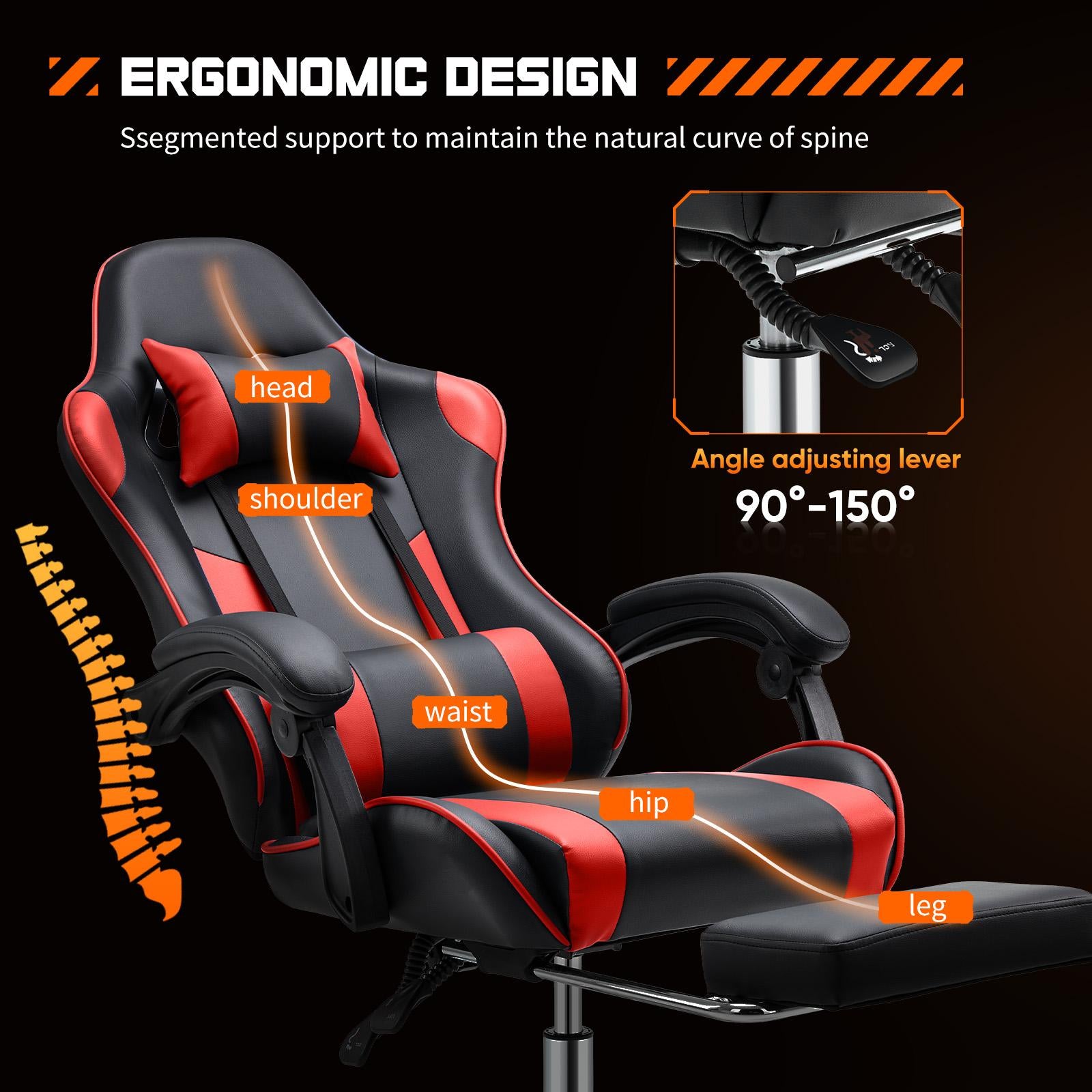 Video Game Desk Chair - Ergonomic Computer with Footrest and Comfy Lumbar Support, PU Leather Recliner with Headrest, Fixed Up Armrest,