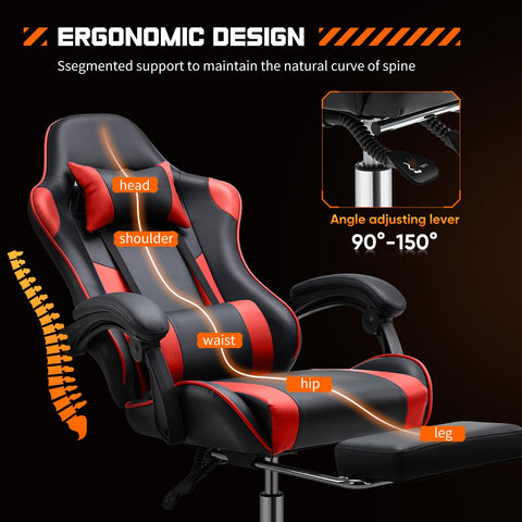 Video Game Desk Chair - Ergonomic Computer with Footrest and Comfy Lumbar Support, PU Leather Recliner with Headrest, Fixed Up Armrest,