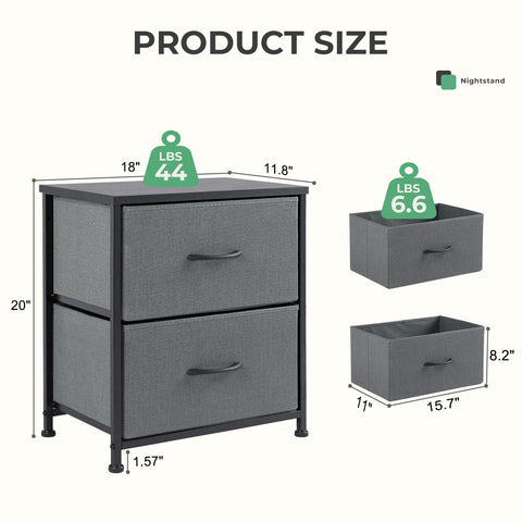 Fabric Dresser with 2 Drawers, Nightstands with Adjustable Feet, End Table for Bedroo, Set of 2