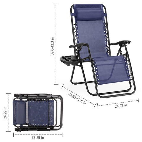 Set of 2 Zero Cravity Lounge Chairs,Outdoor Patio Folding Recliners for Pool Beach with Pillow and Cup Holder, Black