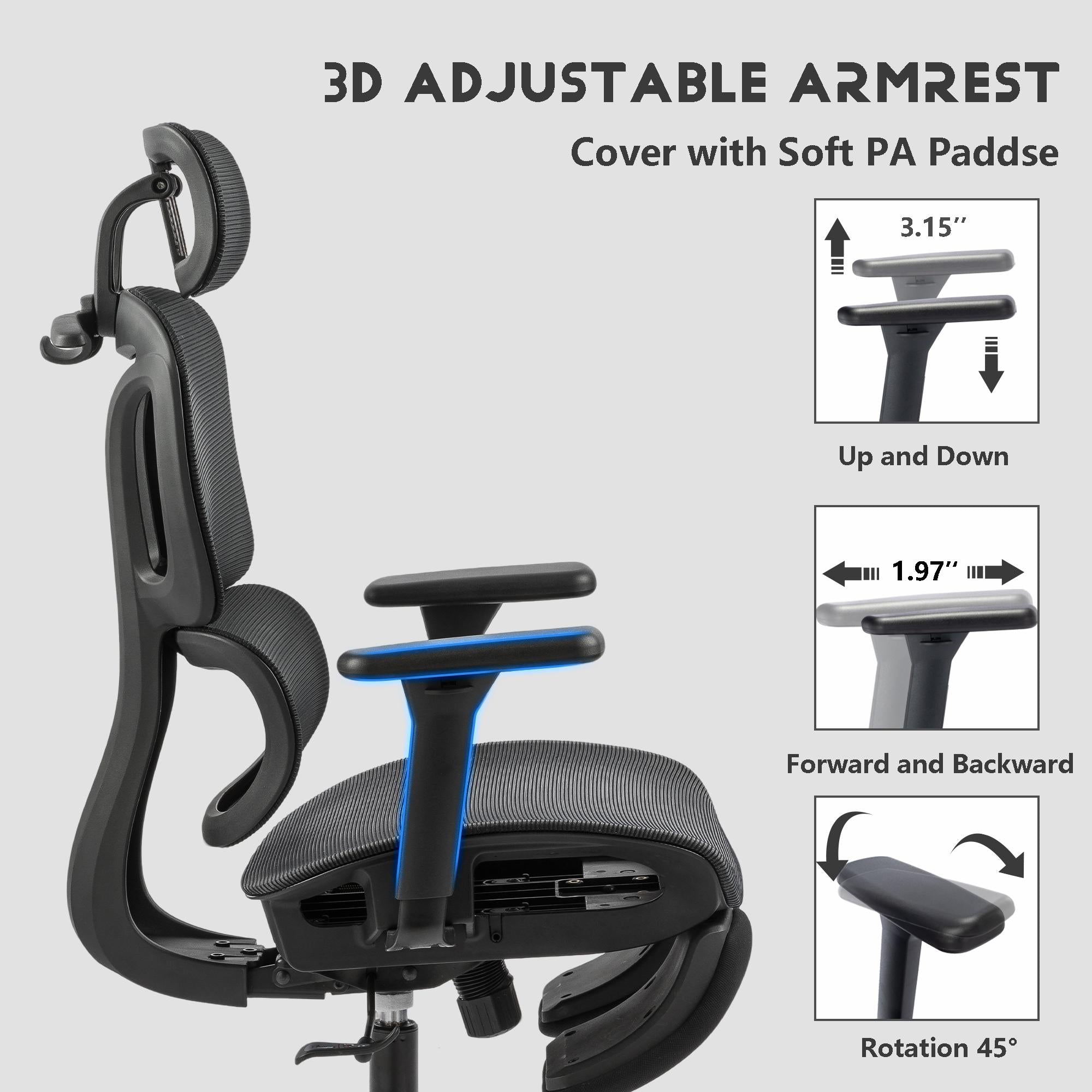 Full mesh office chair, ergonomic office chair, office mesh chair, adjustable headrest, armrests, foot pedals, with hanger