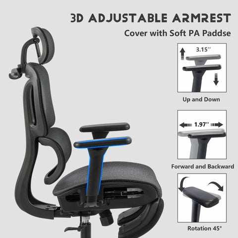Full mesh office chair, ergonomic office chair, office mesh chair, adjustable headrest, armrests, foot pedals, with hanger
