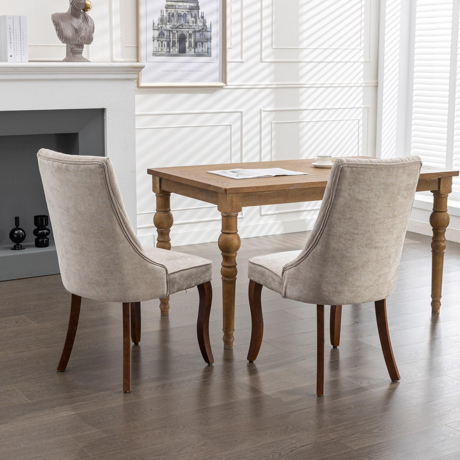 Rayon Cloth Flocking Linen Dining Chairs  Comfy Fabric Upholstered Accent Chair for Dining Room with Curved Solid Wood Legs,Set of 2