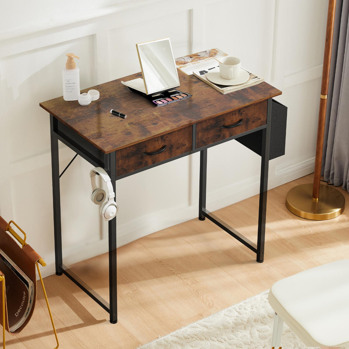 Computer Desk Small Home Office Bedroom Writing Study PC Table with Storage Space Fabric Side Bag Headphone Hook Metal Frame Adjustable