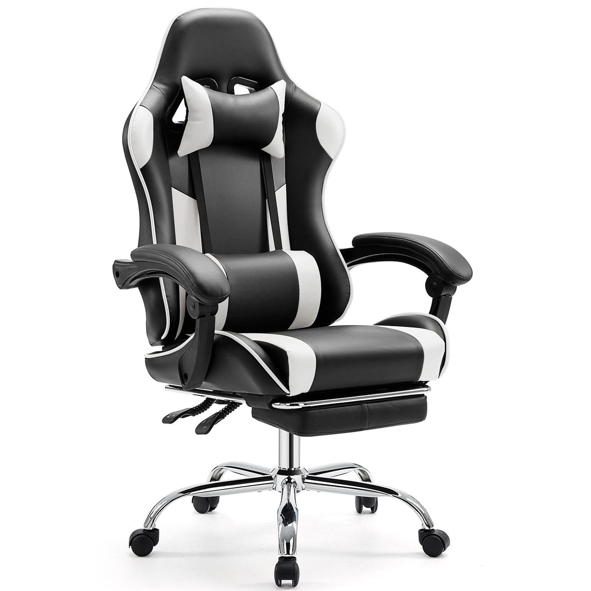 Video Game Desk Chair - Ergonomic Computer with Footrest and Comfy Lumbar Support, PU Leather Recliner with Headrest, Fixed Up Armrest,