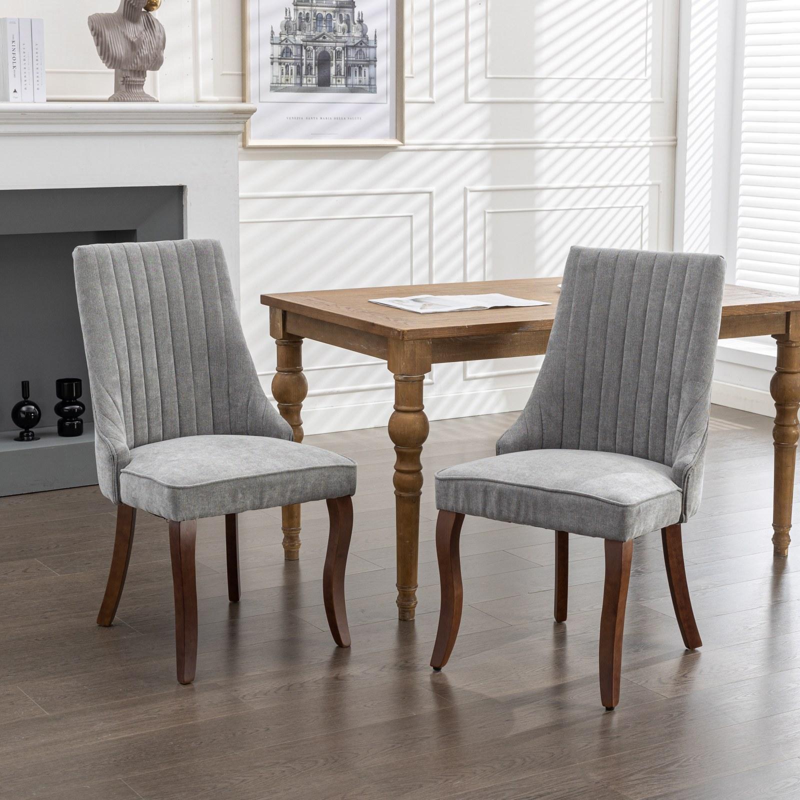 Rayon Cloth Flocking Linen Dining Chairs  Comfy Fabric Upholstered Accent Chair for Dining Room with Curved Solid Wood Legs,Set of 2