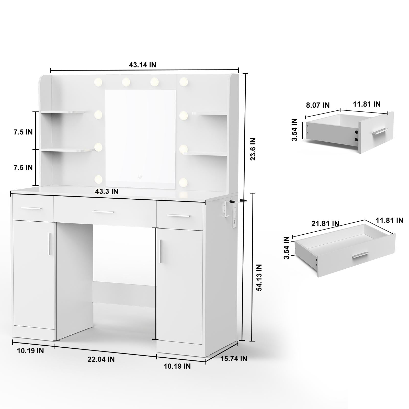 Dressing table and mirror, dressing table and bedroom dressing table with 3-color light options for adjustable brightness, white