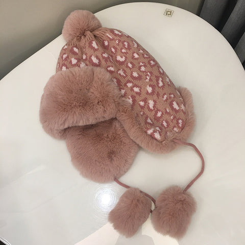 Leopard Print Knitted Earmuffs Hat