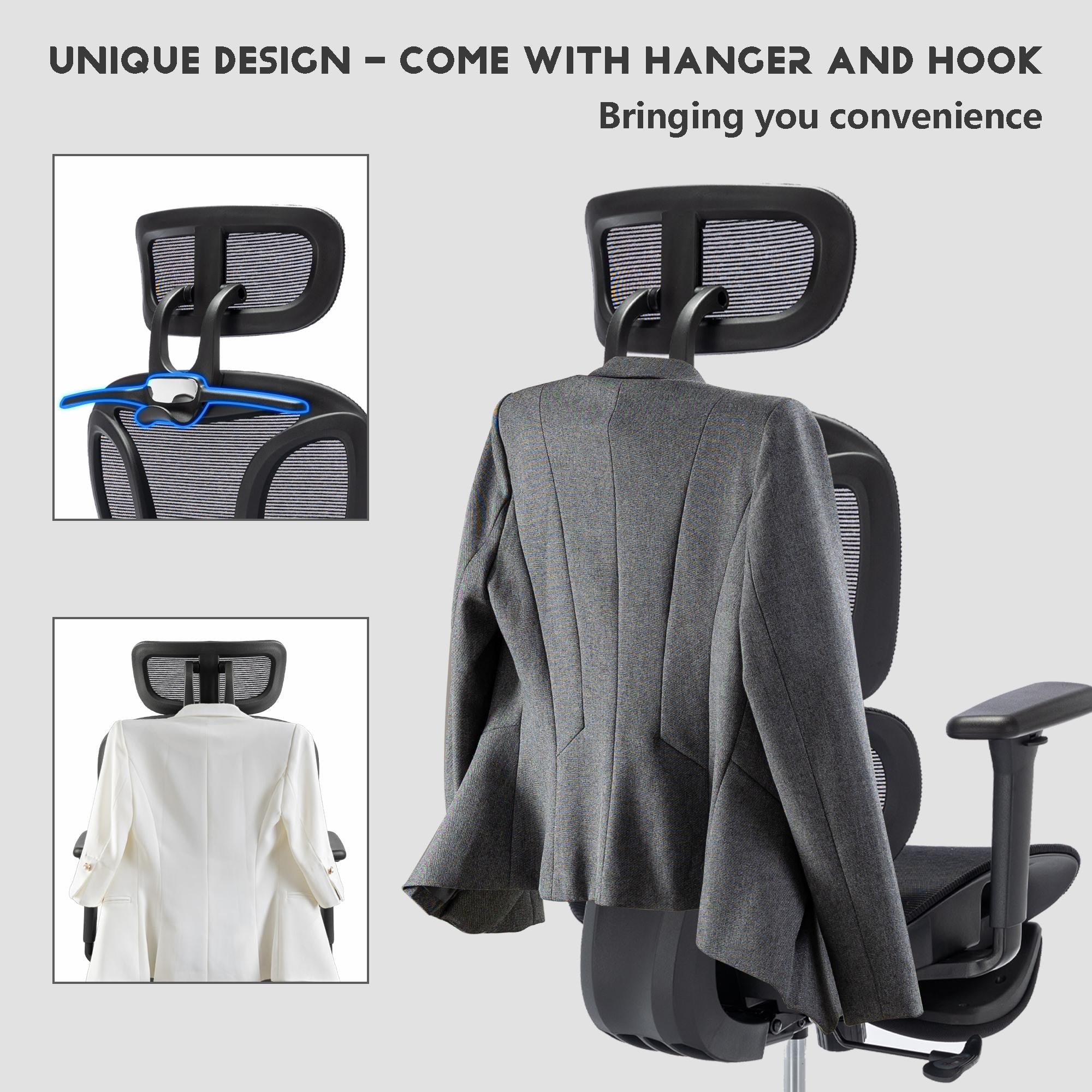 Full mesh office chair, ergonomic office chair, office mesh chair, adjustable headrest, armrests, foot pedals, with hanger