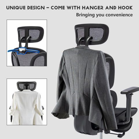 Full mesh office chair, ergonomic office chair, office mesh chair, adjustable headrest, armrests, foot pedals, with hanger